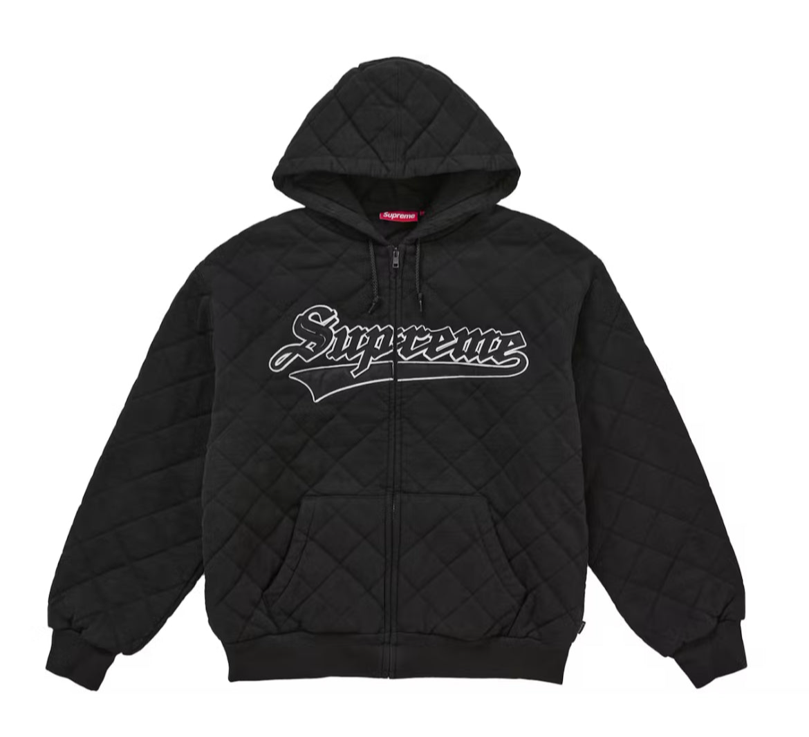 SUPREME BLACK QUILTED ZIP UP HOODED SWEATSHIRT (PRE-OWNED)
