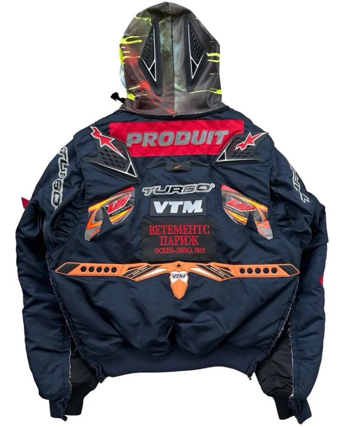 VETEMENTS AW18 ALPHA INDUSTRIES HOODED MOTO RACING BOMBER (PRE-OWNED)