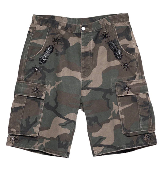 JAPANESE SORROWS CAMO EMBELLISHED CARGO SHORTS