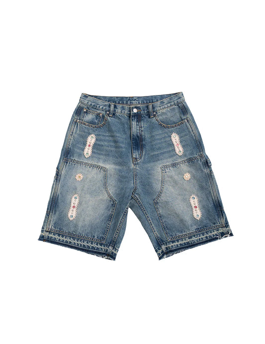 JAPANESE SORROWS EMBELISHED DOUBLE KNEE DENIM SHORTS