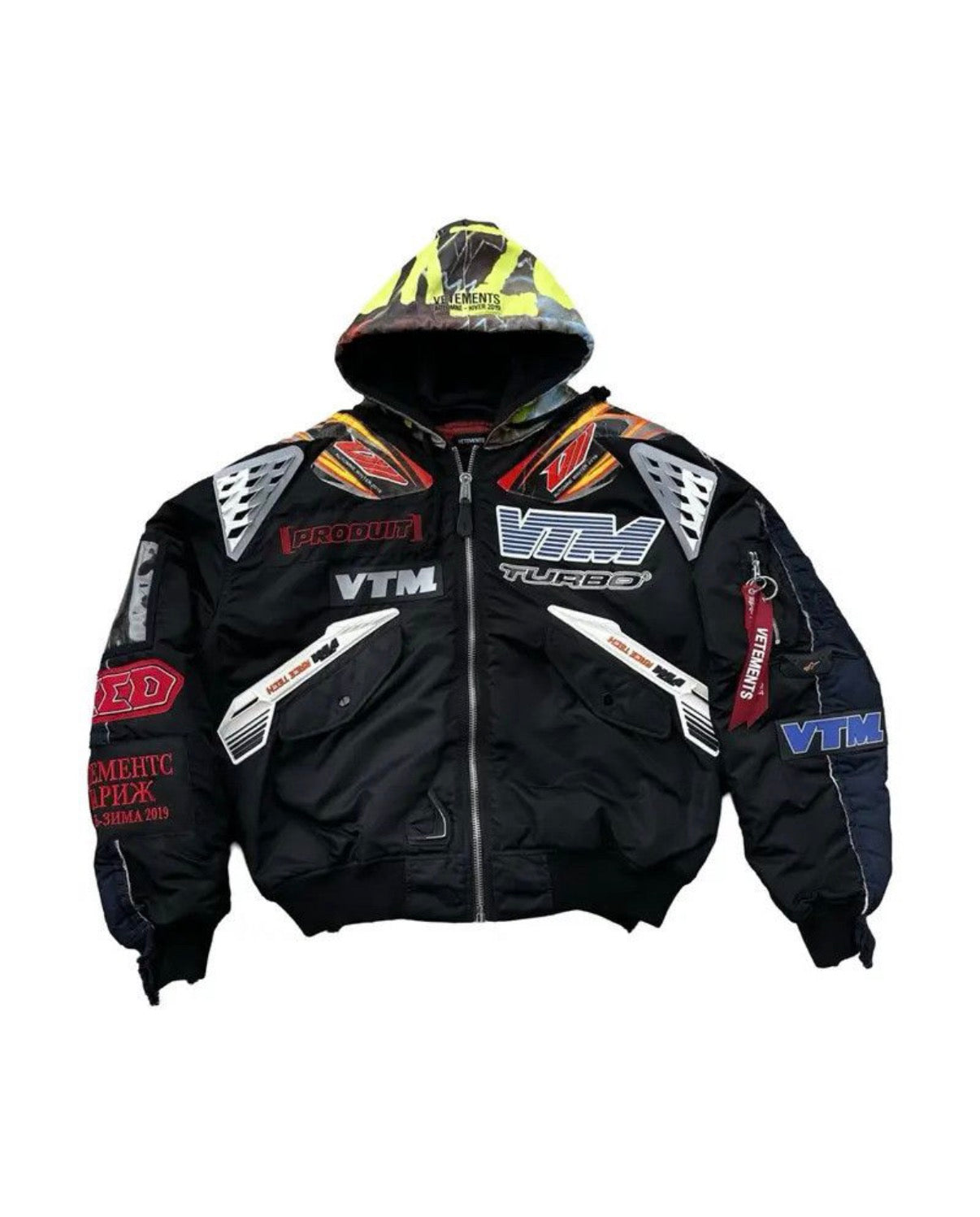 VETEMENTS AW18 ALPHA INDUSTRIES HOODED MOTO RACING BOMBER (PRE-OWNED)