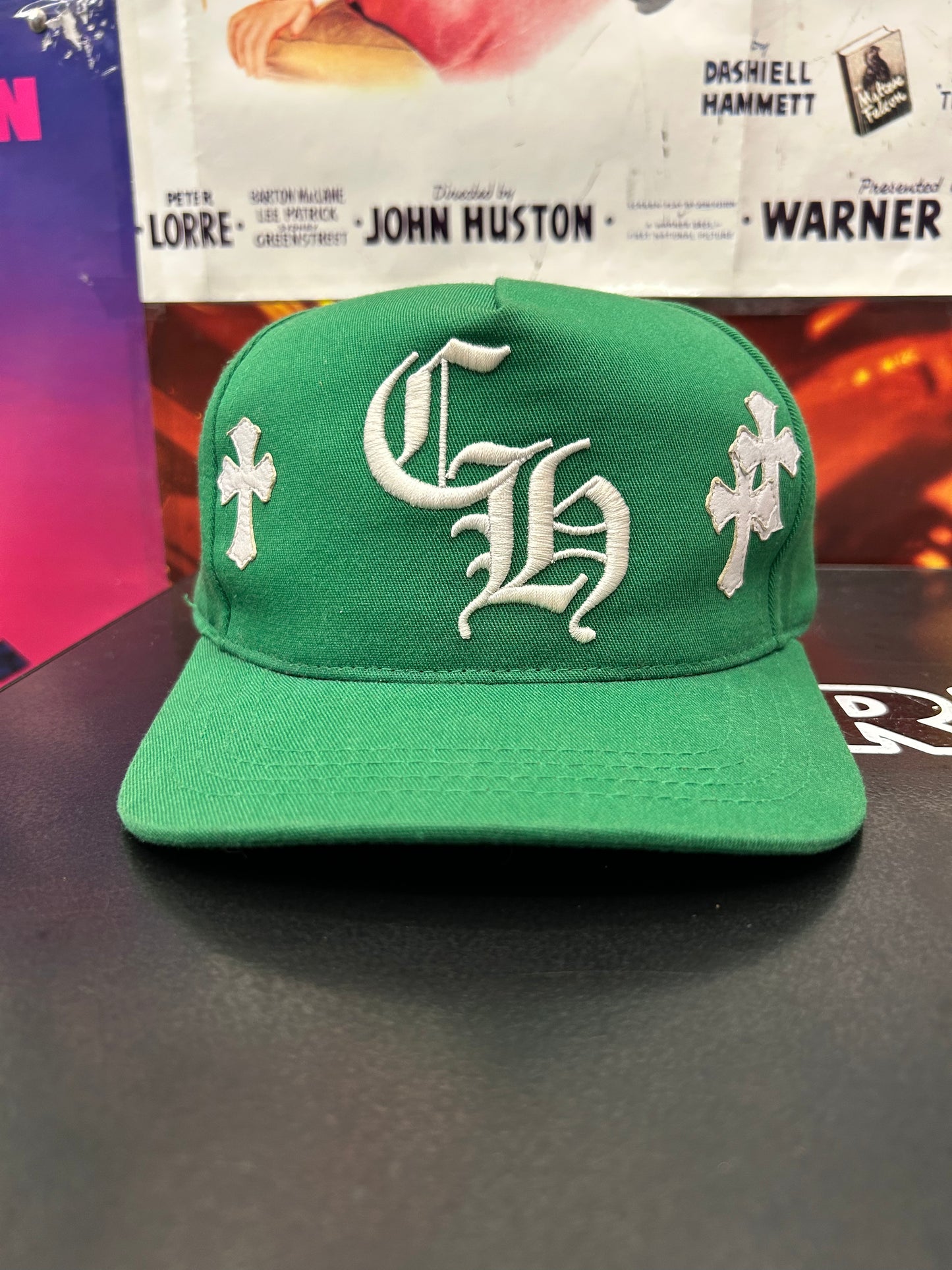 CHROME HEARTS GREEN MONOGRAM HAT WHITE LEATHER CROSSES (PRE-OWNED)