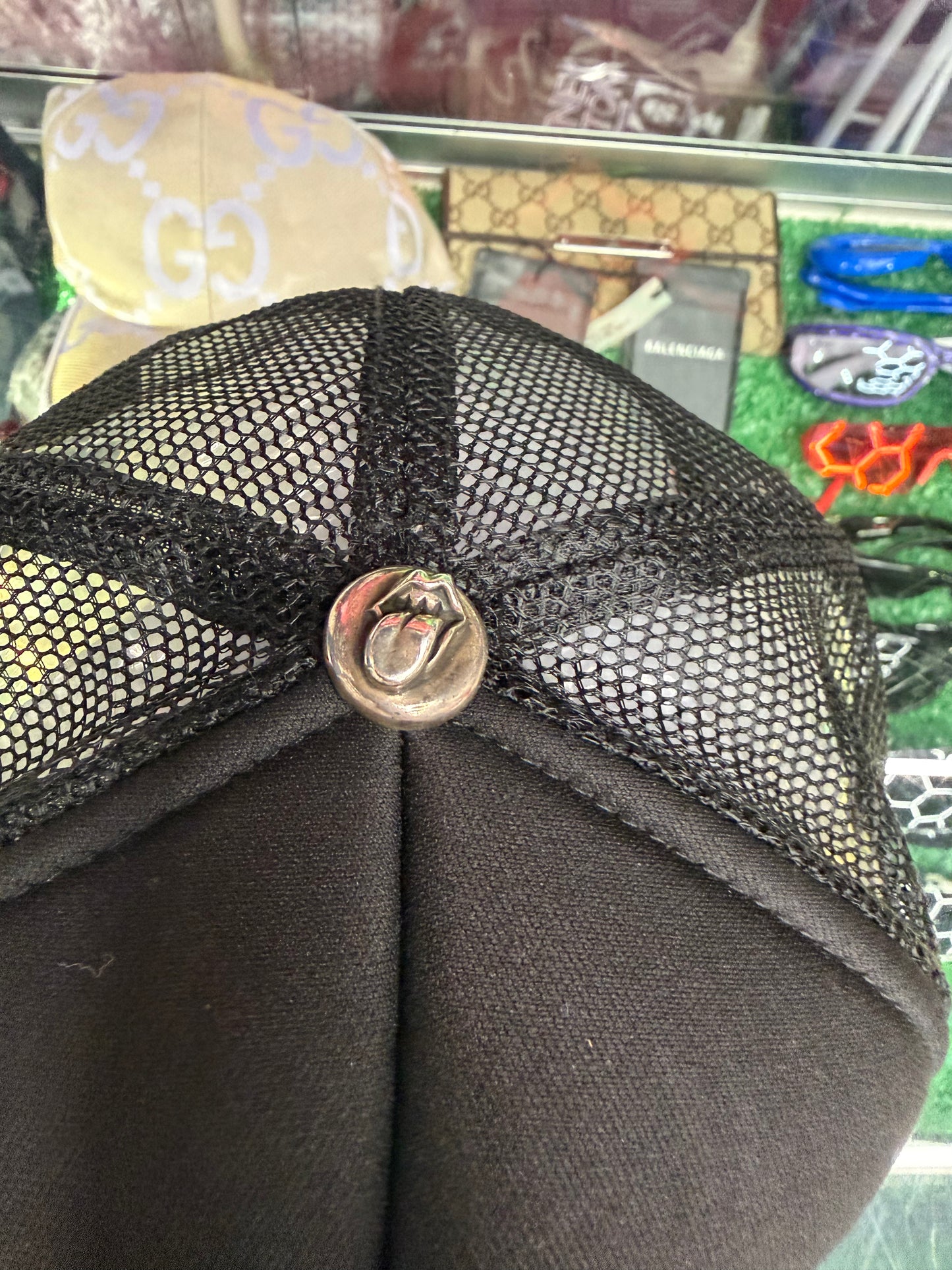 CHROME HEARTS ROLLING STONES LEATHER PATCH TRUCKER HAT (PRE-OWNED)